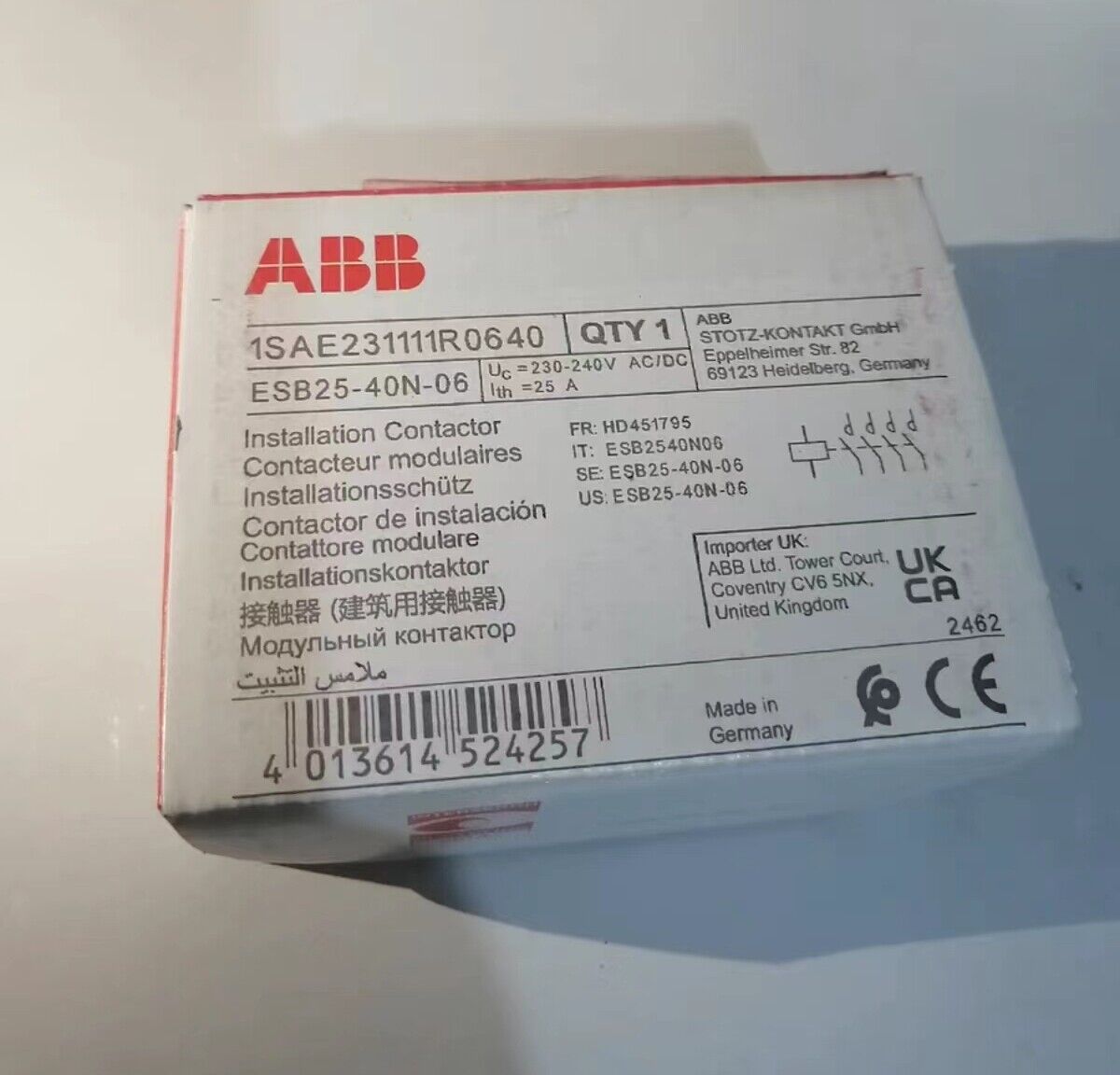 new 1pc ABB ESB25-40N-06 contactor 230V-240VAC/DC