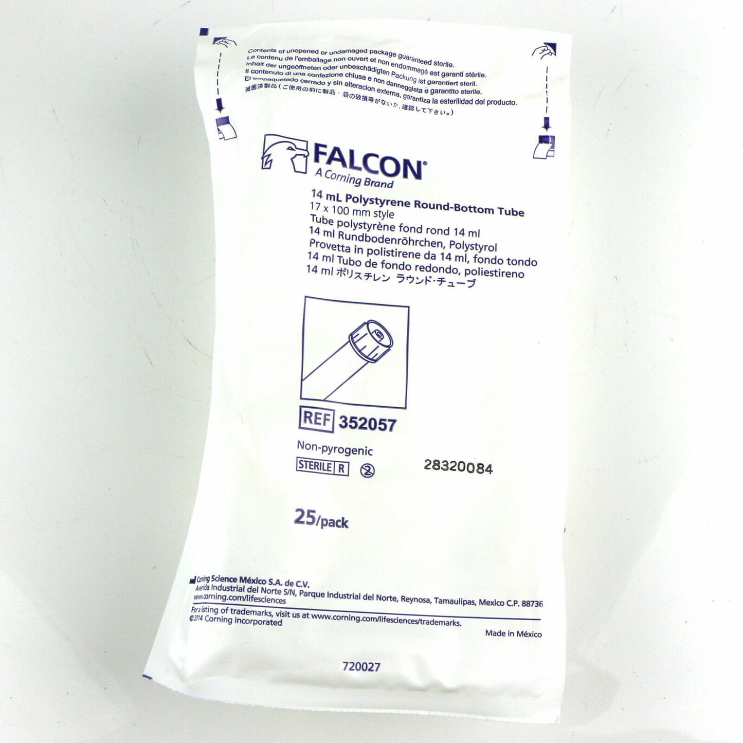 25PCS Falcon 352057 14ml 17x100mm Round Bottom Tube Bag for Lab Kitchen Use - CORNING