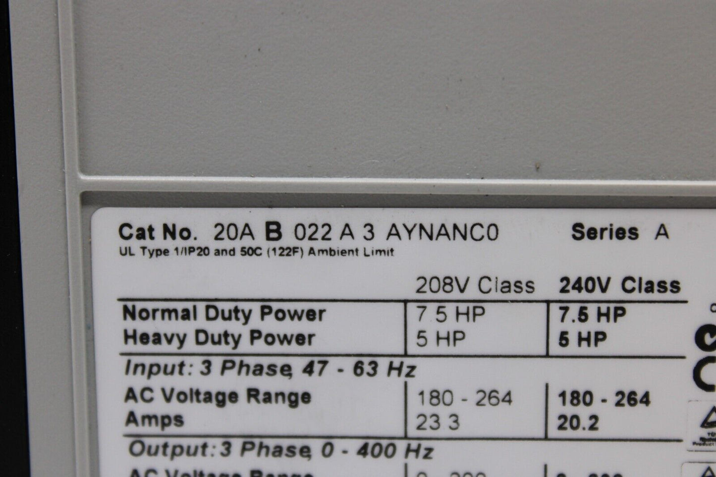 used Allen Bradley 20AB022A3AYNANC0 PowerFlex 70 - ALLEN BRADLEY