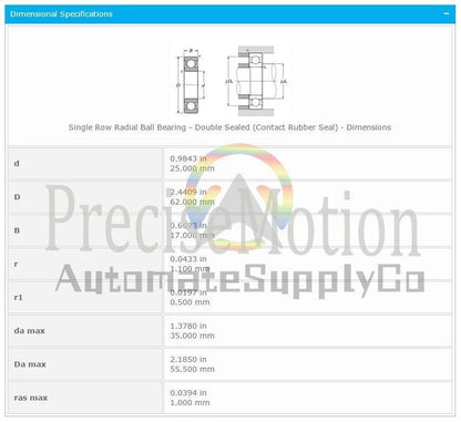 NTN 6305 LLU Deep Groove Ball Bearings 25x62x17mm. #