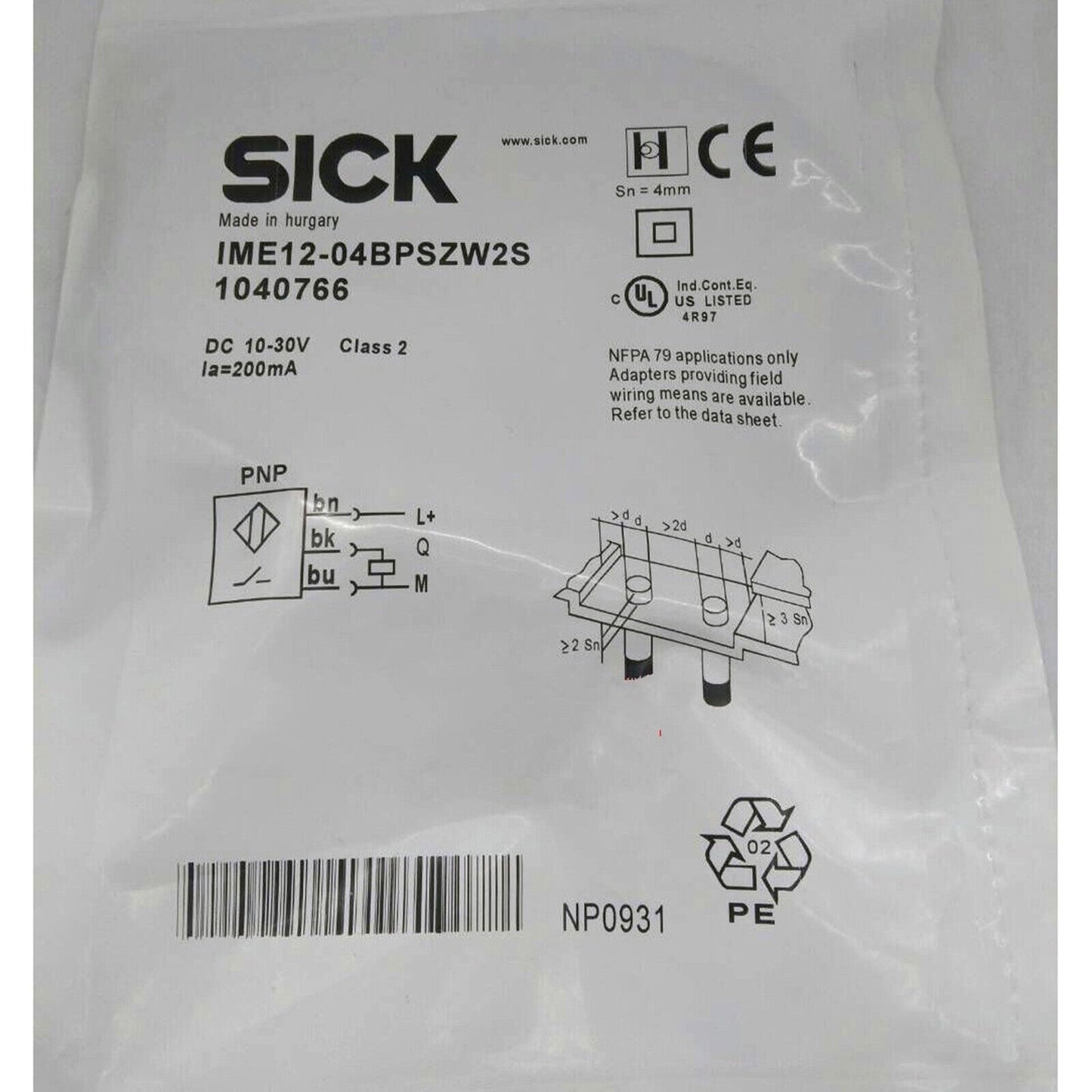 SICK Proximity Switch IME12-04BPSZW2S 10-30VDC 200MA, Low-Voltage, High-Duty Cycle Spot Stock - SICK