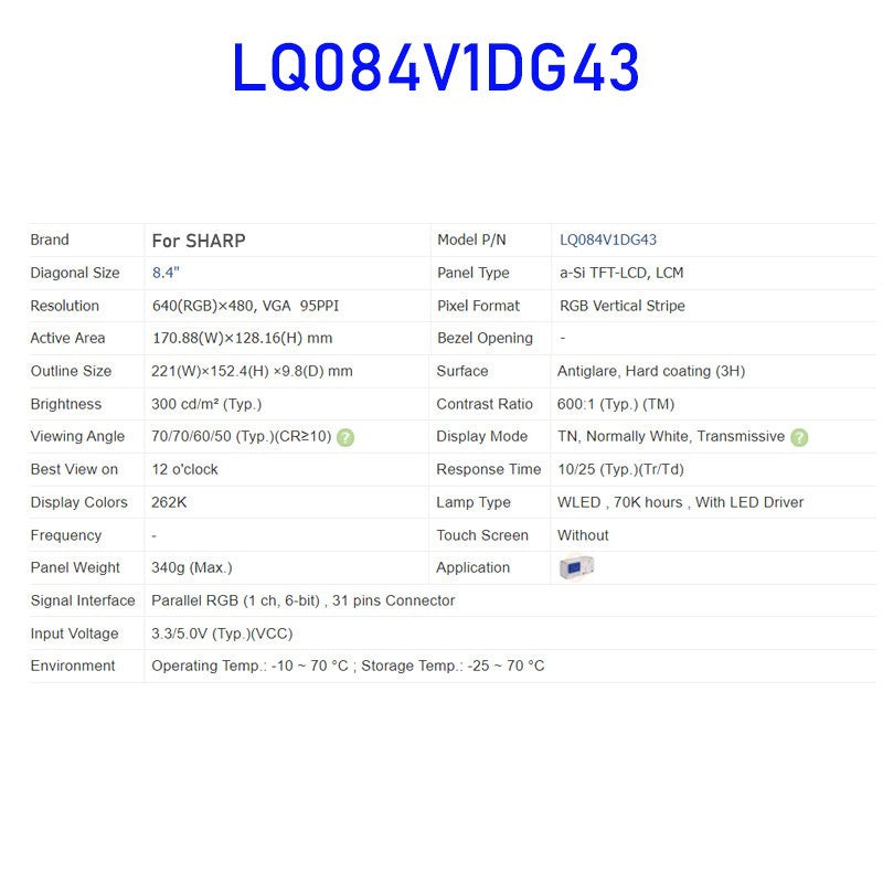 1PCS LQ084V1DG43 8.4 Inch TFT LCD Display Screen Panel for Sharp