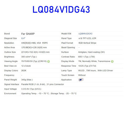 1PCS LQ084V1DG43 8.4 Inch TFT LCD Display Screen Panel for Sharp