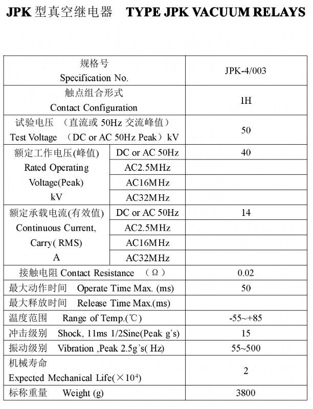 new JPK-4 003 14A 24V Coil Voltage 40KV High Voltage Ceramic Vacuum Relay Switch - VENDOR NAME