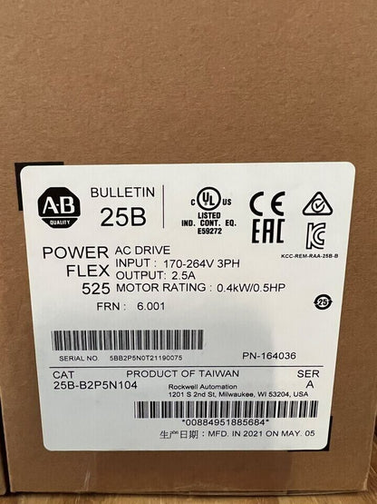 Allen-Bradley PowerFlex 525 AC Drive 0.4kW 0.5Hp 25B-B2P5N104 - ALLEN-BRADLEY