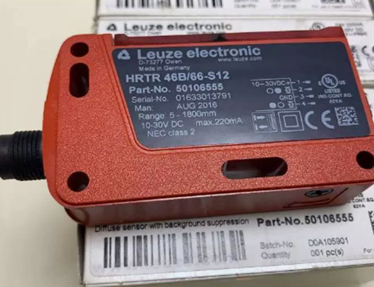LEUZE HRTR 46B/66-S-12 electronic sensor with high precision and vibration resistance, suitable for harsh industrial environments. Model: HRTR46B/66-S-12. - LEUZE