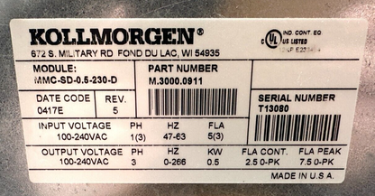 used Kollmorgen MMC-SD-0.5-230-D Servo Drive M.3000.0911 - KOLLMORGEN