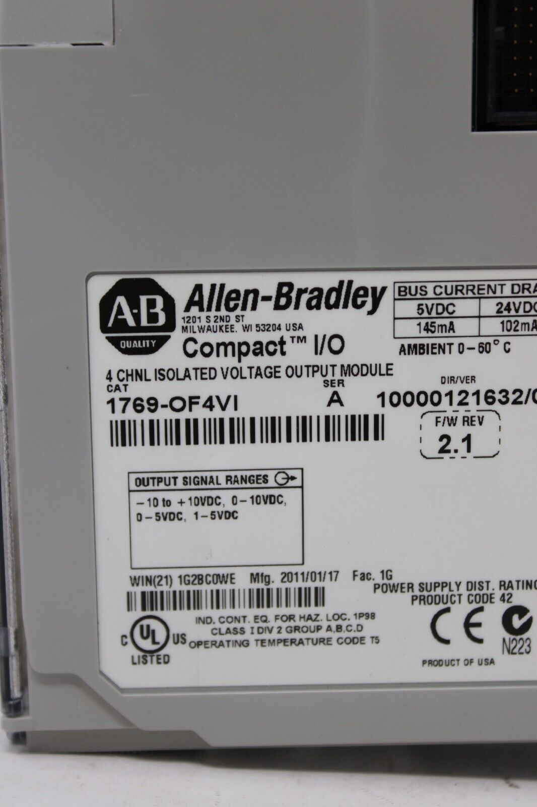 used Allen Bradley 1769-OF4VI 4 Channel Isolated Voltage Output Module - ALLEN BRADLEY