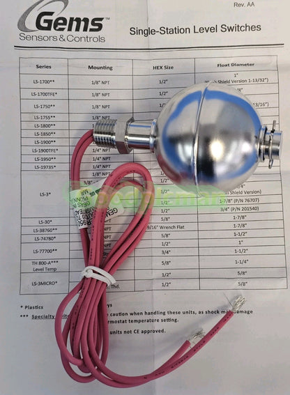 NIB GEMS P/N: 01950 LEVEL SWITCH LS-1950 S.S.