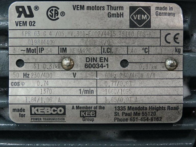 VEM MOTORS KPR 63 G4 Electric Motor 0.37kW 50-60Hz (Used) - VEM MOTORS