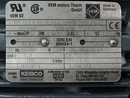 VEM MOTORS KPR 63 G4 Electric Motor 0.37kW 50-60Hz (Used) - VEM MOTORS