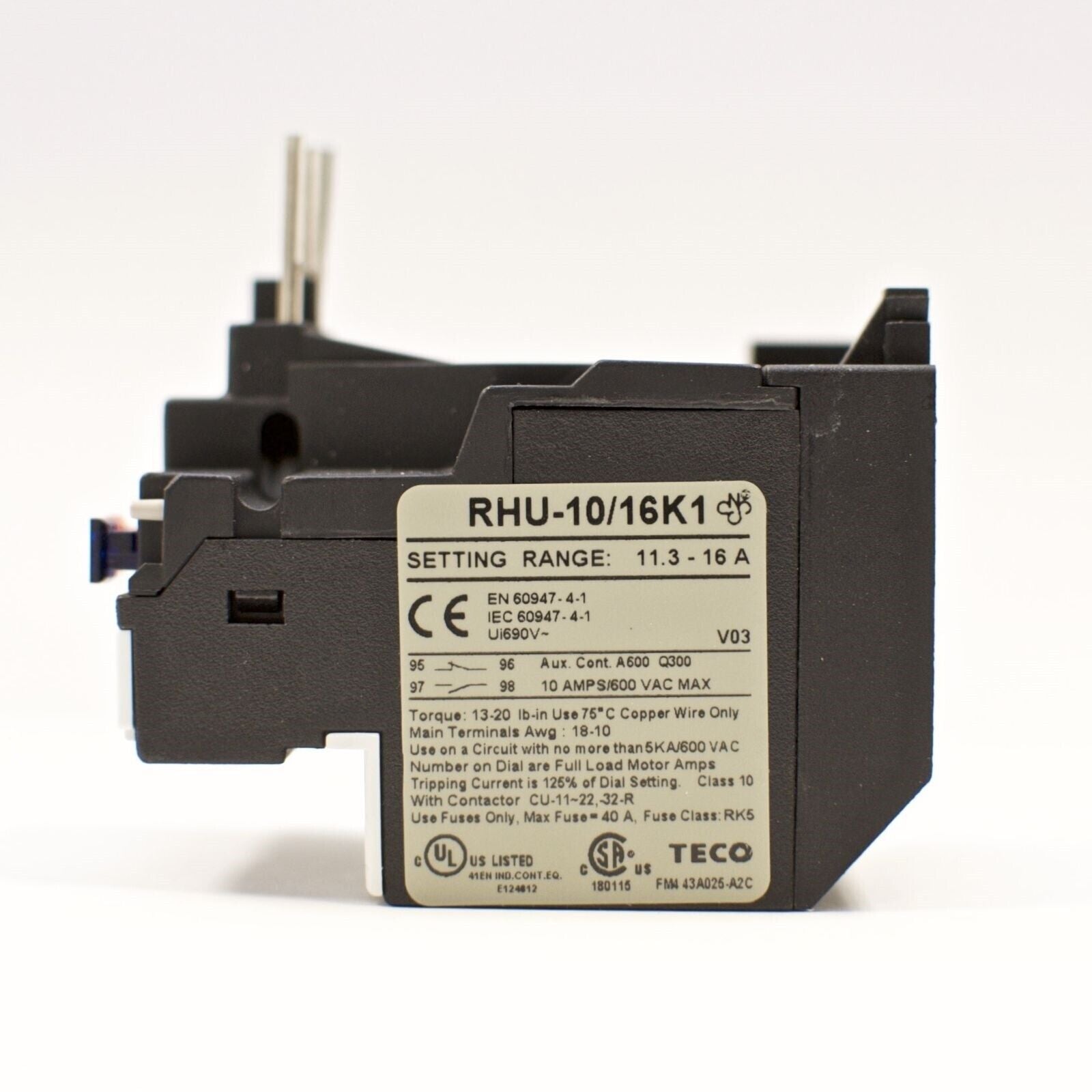 TECO RHU-10/16K1 Thermal Overload Relay, Amp Range: 11.3-16A - TECO