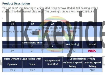NSK 6012 ZZ Deep Groove Radial Ball Bearing 60x95x18mm