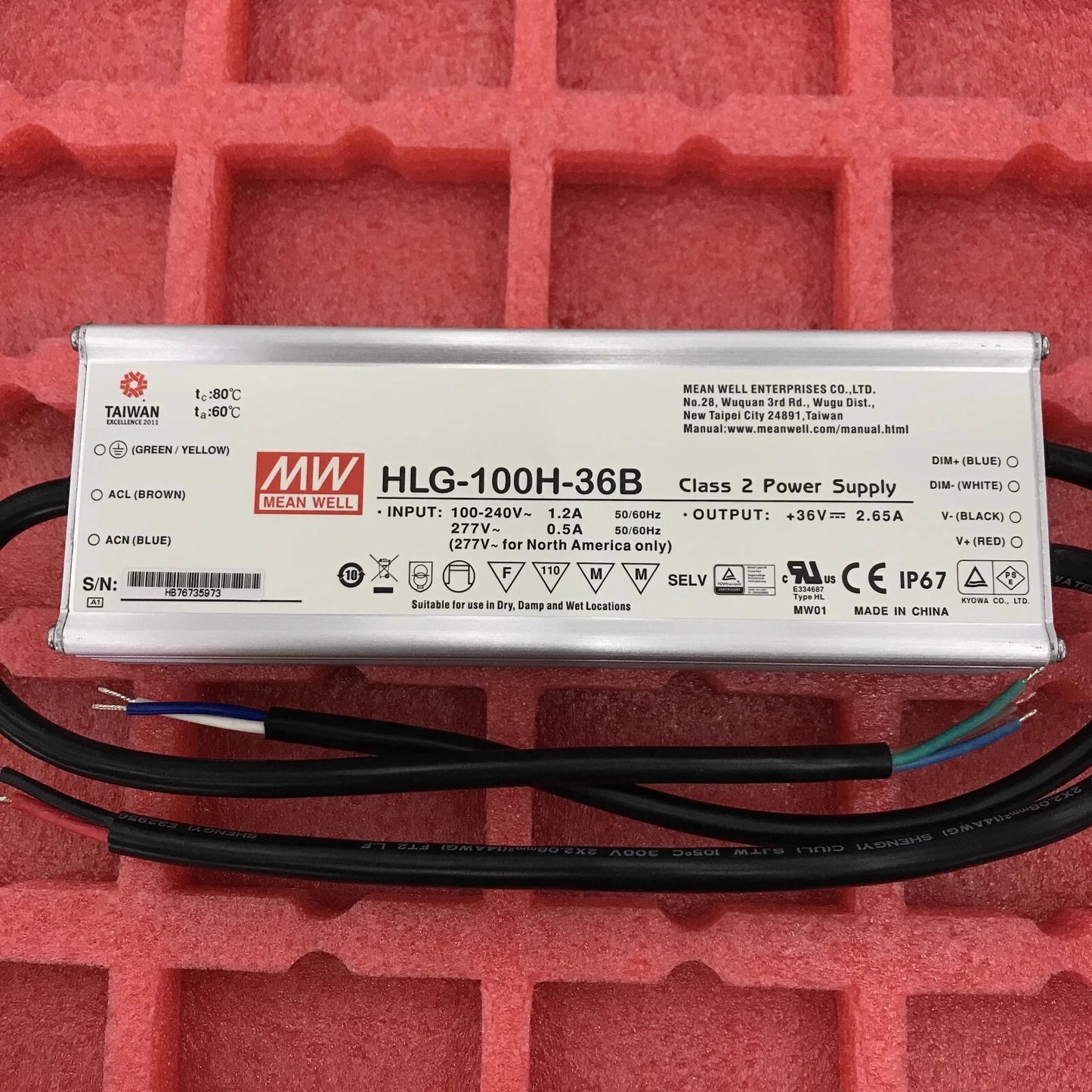 Meanwell HLG-100H-36B 36V 2.65A Waterproof Linear Dimming LED Power Supply