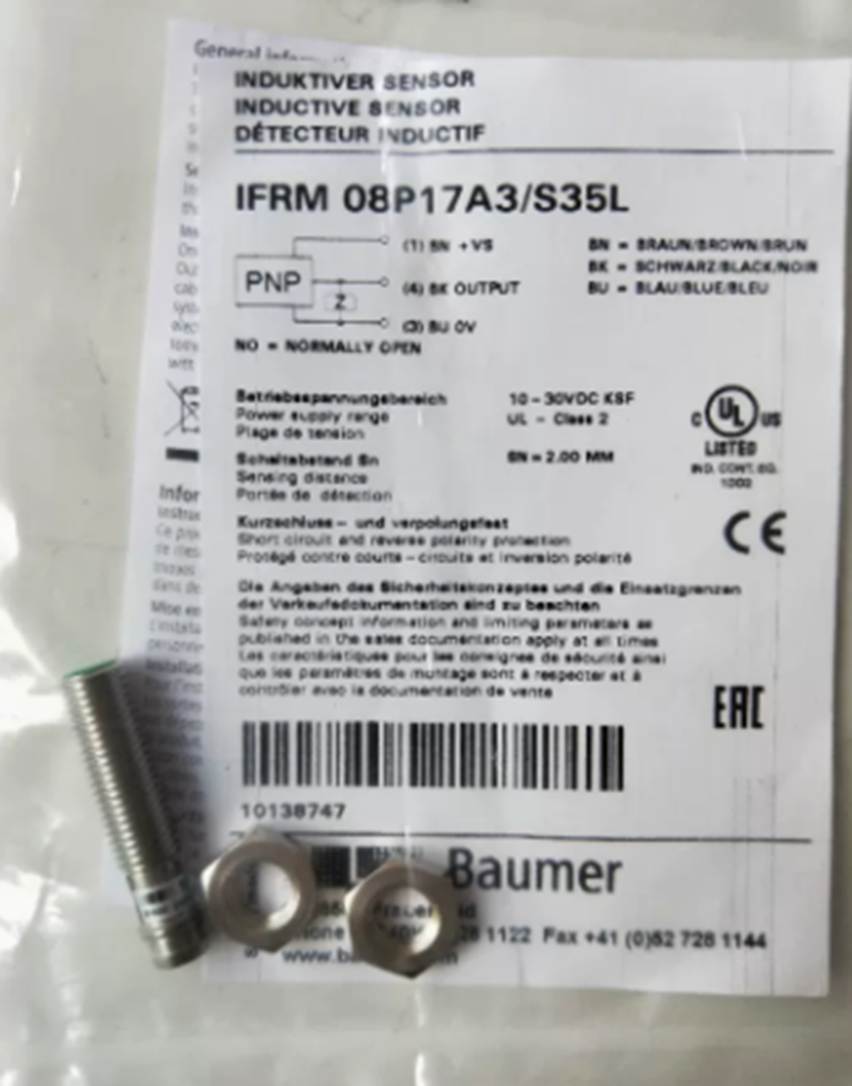 BAUMER IFRM 08P17A3/S35L Inductive Proximity Sensor M8 2MM Range - BAUMER