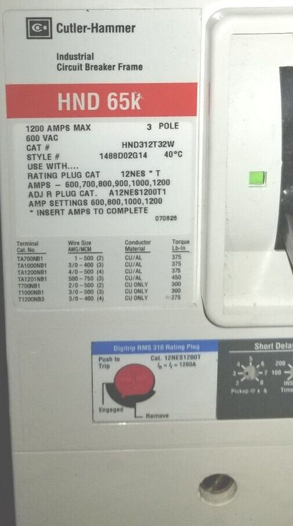 Eaton HND312T33W Circuit Breaker With 1200 Amp Trip Cat. 12nes1200t - 1200 Ampere Circuit Breaker With Trip Contact - EATON