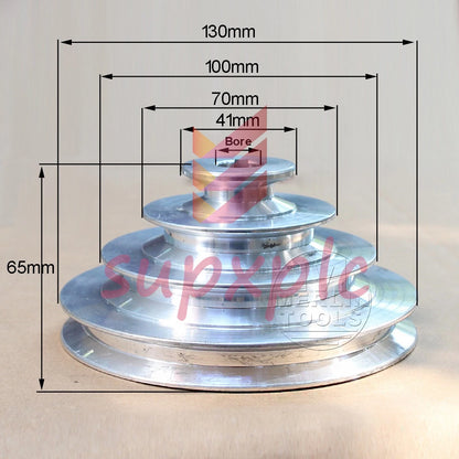 OD 130mm, 4 Step Pulley 16mm Bore for 1/2" = 12.7mm Belt width - Cast Aluminum
