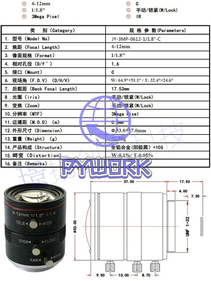 HD 3MP Industrial Lens 6-12mm Manual Zoom C-mount 1/1.8" FA Machine Vision