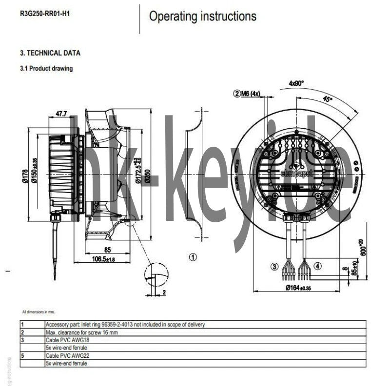 Ebmpapst R3G250-RR01-H1 Centrifugal Fan 230VAC 500W ??250MM 2.2A EC Cooling Fan