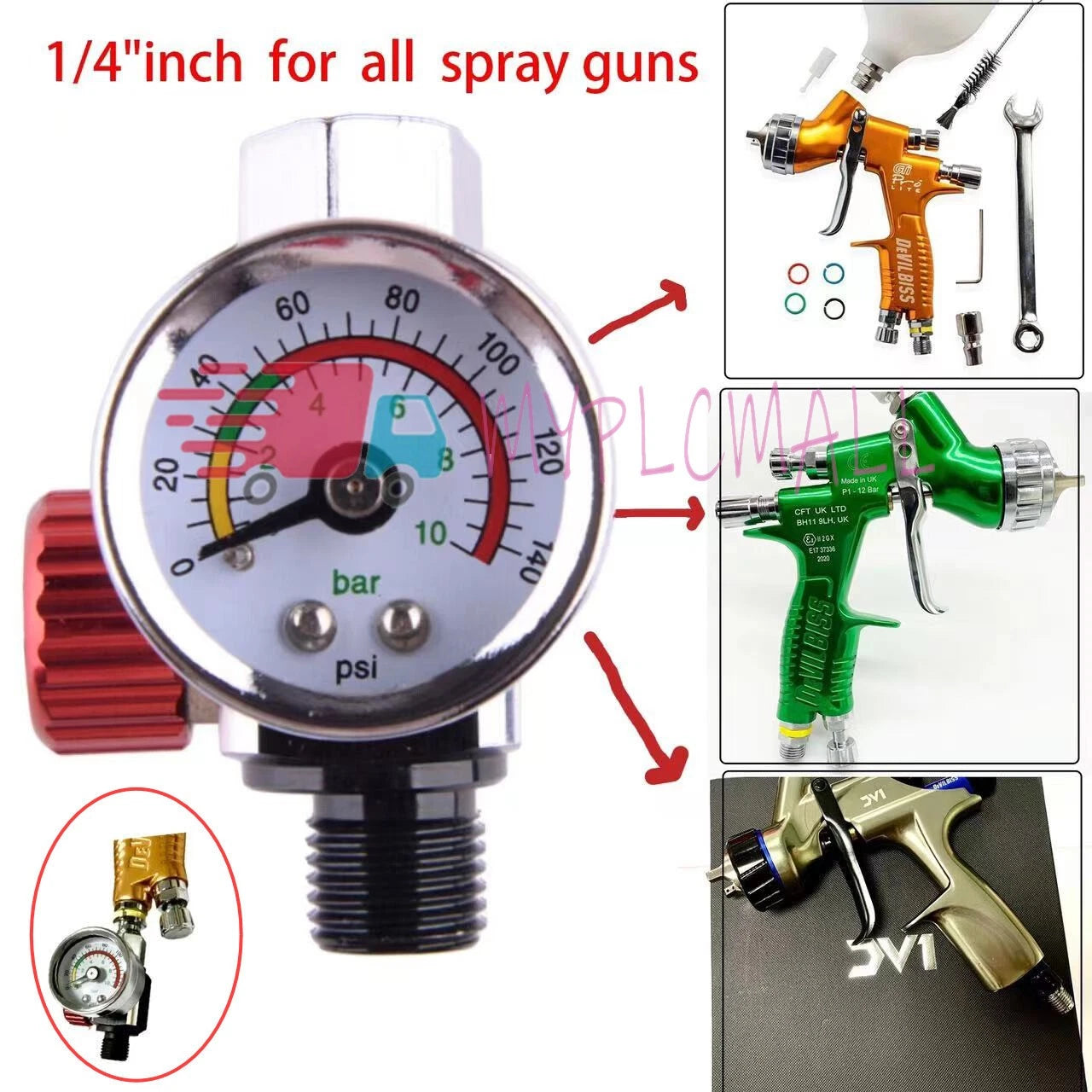 1pcs Car Air Regulator Pressure Gauge Tool fit for Devilbiss Iwata 0-140 PSI