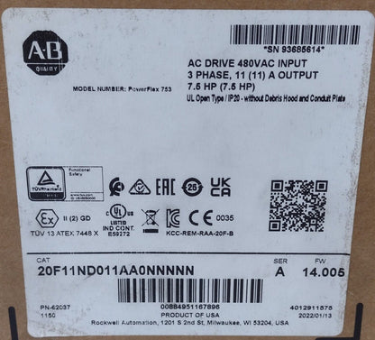 Allen-Bradley 20F11ND011AA0NNNNN SerA 11A 480V 7.5 HP Powerflex 753 - ALLEN-BRADLEY