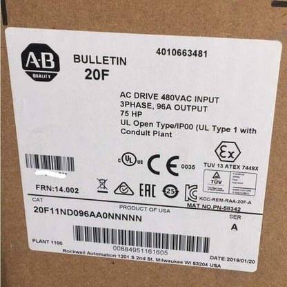 Allen Bradley PowerFlex 753 AC Drive Motor 20F11ND096AA0NNNNN New in the Box - ALLEN BRADLEY