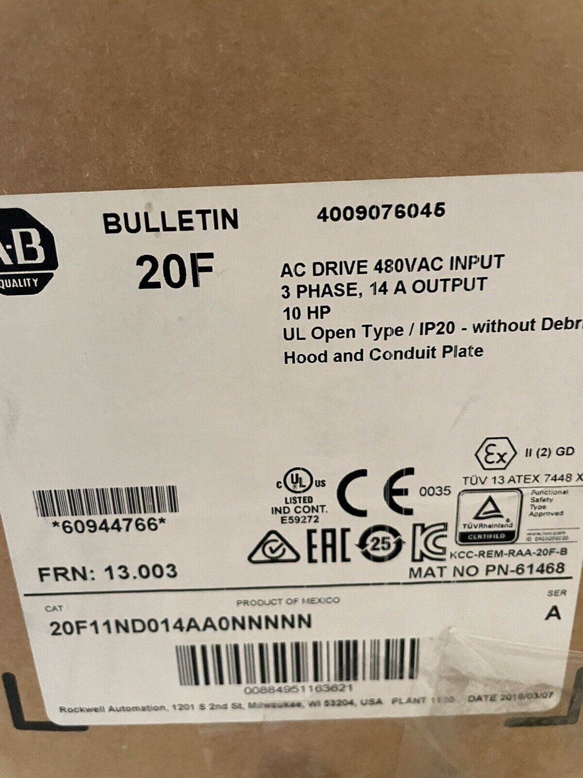 Allen Bradley 20F11ND014AA0 10HP PowerFlex 753 - ALLEN BRADLEY
