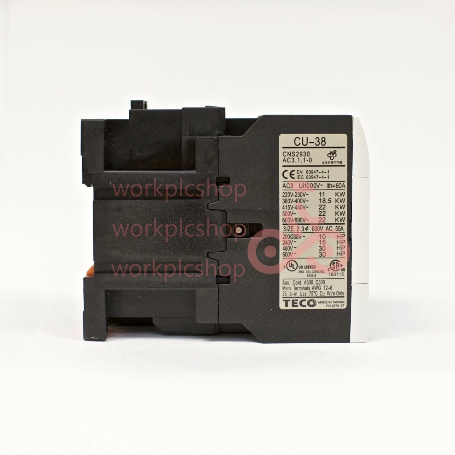 TECO CU-38 magnetic contactor, 55A, 3 phase, 220v coil, 3A1a1b (NO and NC)