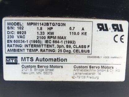 MTS MPM1142BTG7G3N SERVO MOTOR Industrial Servo Motor 1142BTG7G3N - MTS