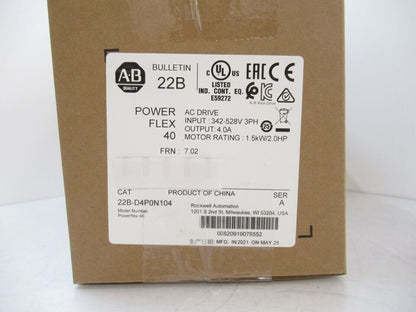 Allen Bradley PowerFlex 40 AC Drive SURPLUS IN BOX 22B-D4P0N104 22BD4P0N104 - ALLEN BRADLEY