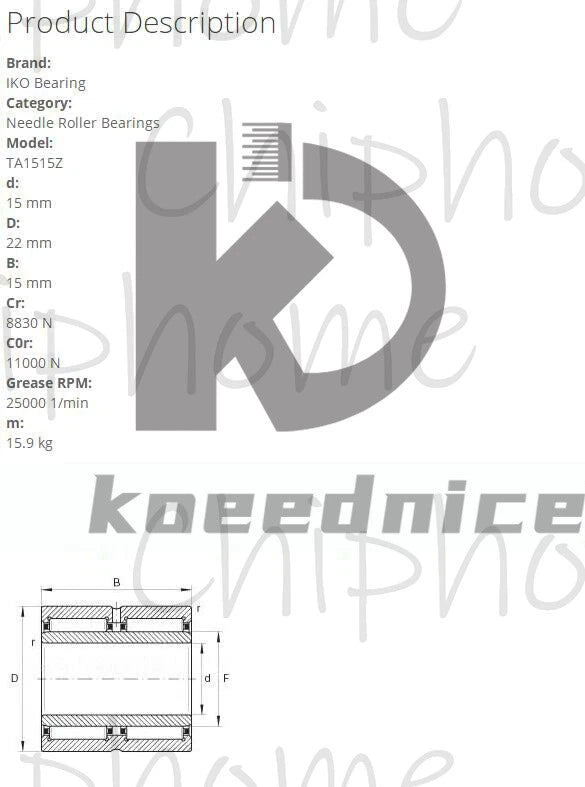 IKO TA1515Z Needle Roller Bearings 22x15x15mm .