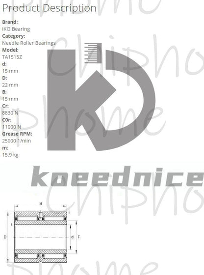 IKO TA1515Z Needle Roller Bearings 22x15x15mm .
