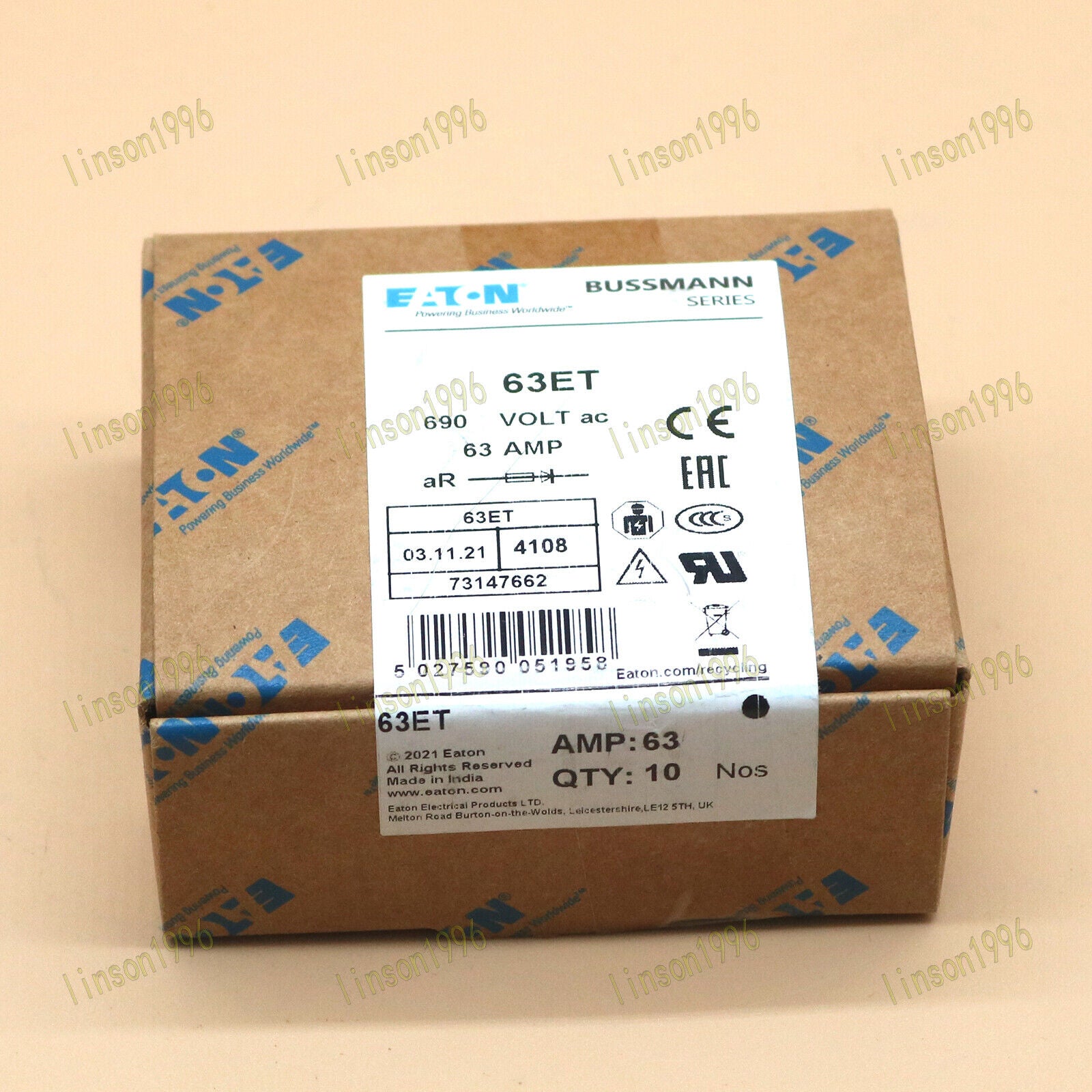 10-Piece Bussmann Eaton Fuse Box Set: BS88:4, 63ET, 63A, 690V - Fast Shipping - BUSSMANN