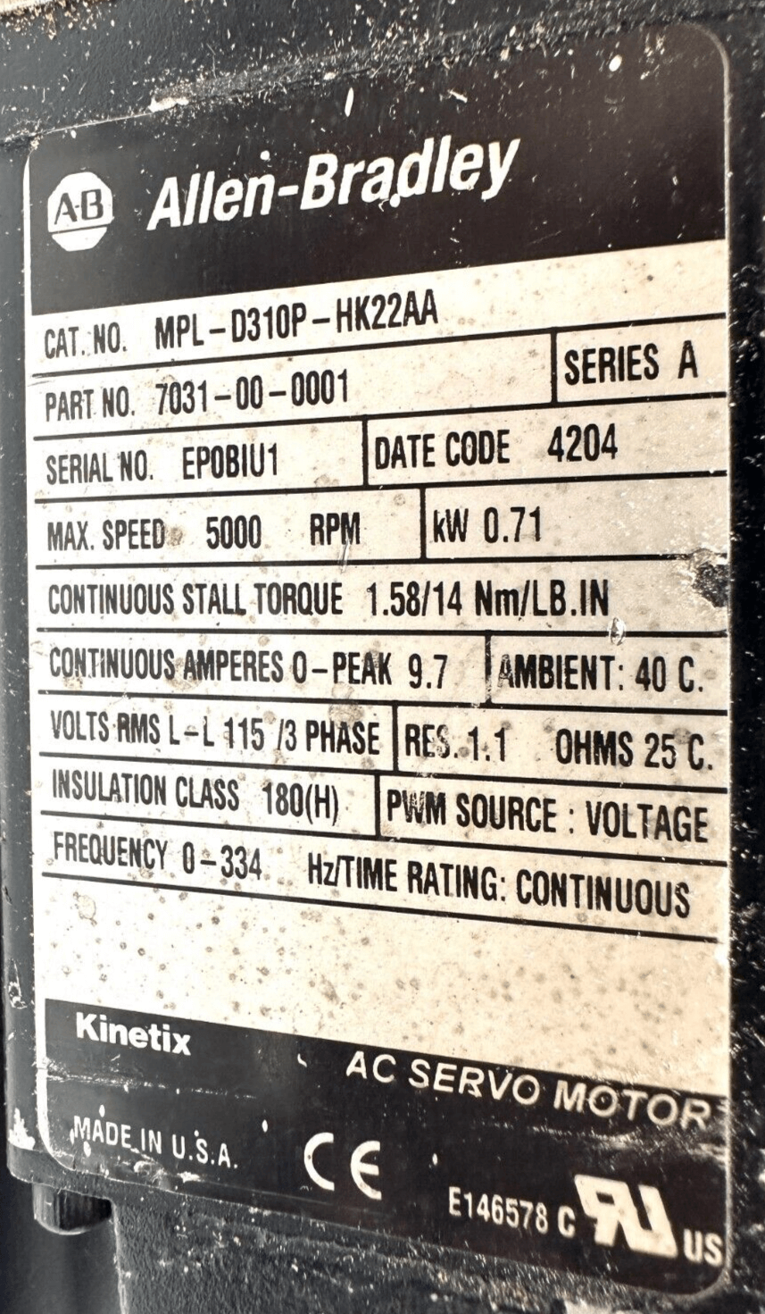 used Allen Bradley MPL-D310P-HK22AA Servo Motor GTE085-NN1-005A-16AU Gearbox - ALLEN BRADLEY