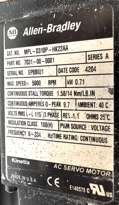 used Allen Bradley MPL-D310P-HK22AA Servo Motor GTE085-NN1-005A-16AU Gearbox - ALLEN BRADLEY