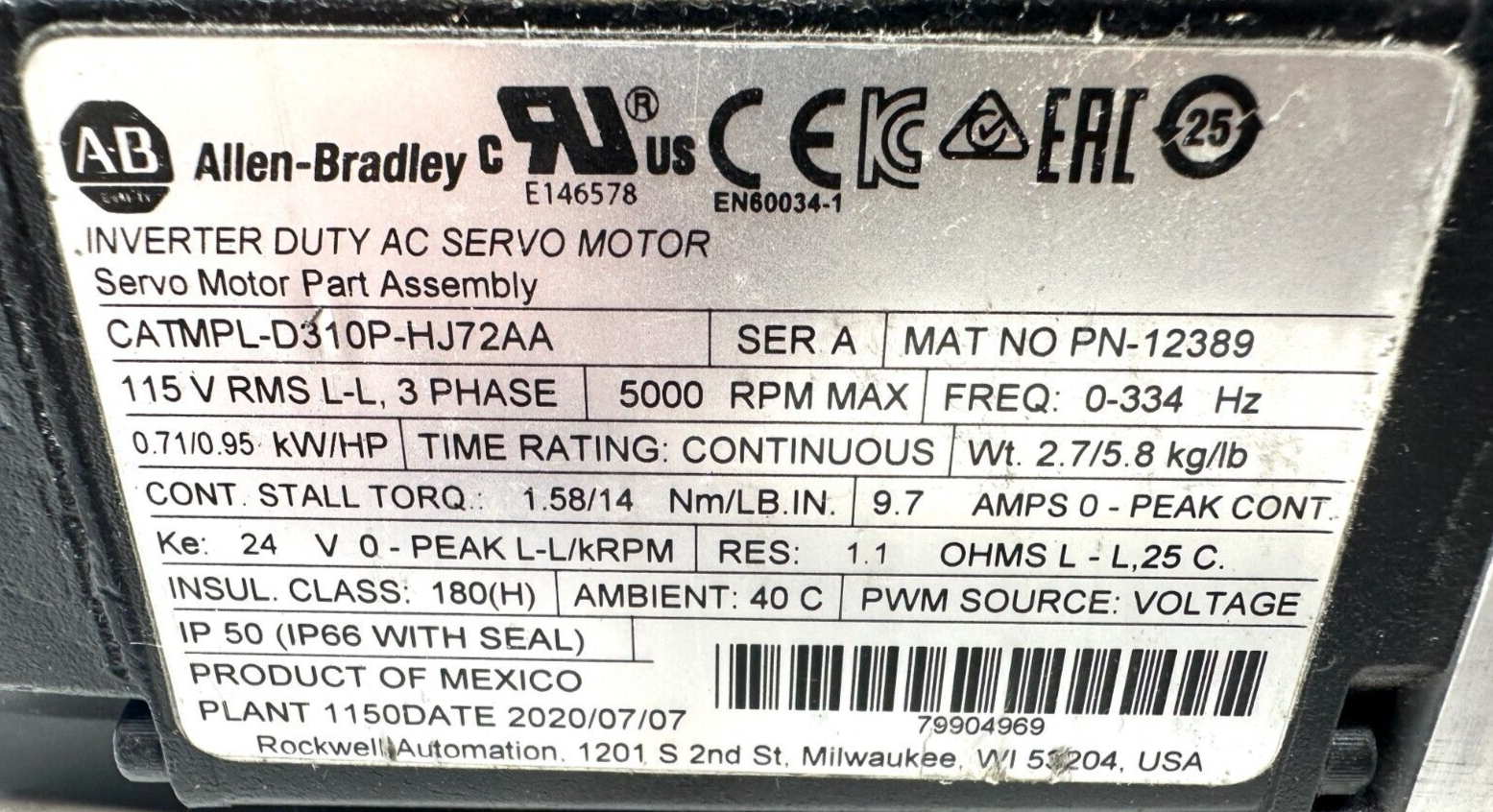 used Allen Bradley MPL-D310P-HJ72AA Servo Motor AL-020-005-12-D160-N-P-XXX - ALLEN BRADLEY