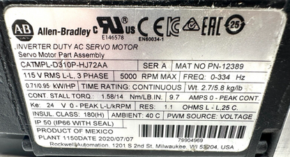 used Allen Bradley MPL-D310P-HJ72AA Servo Motor AL-020-005-12-D160-N-P-XXX - ALLEN BRADLEY