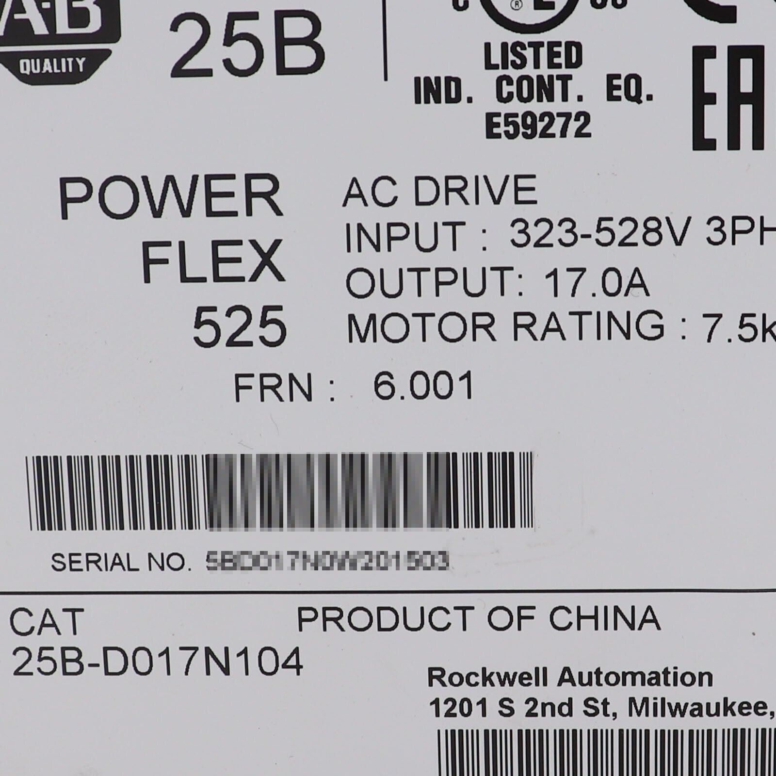 Allen-Bradley PowerFlex 525 7.5kW 10Hp AC Drive Factory Sealed - ALLEN-BRADLEY