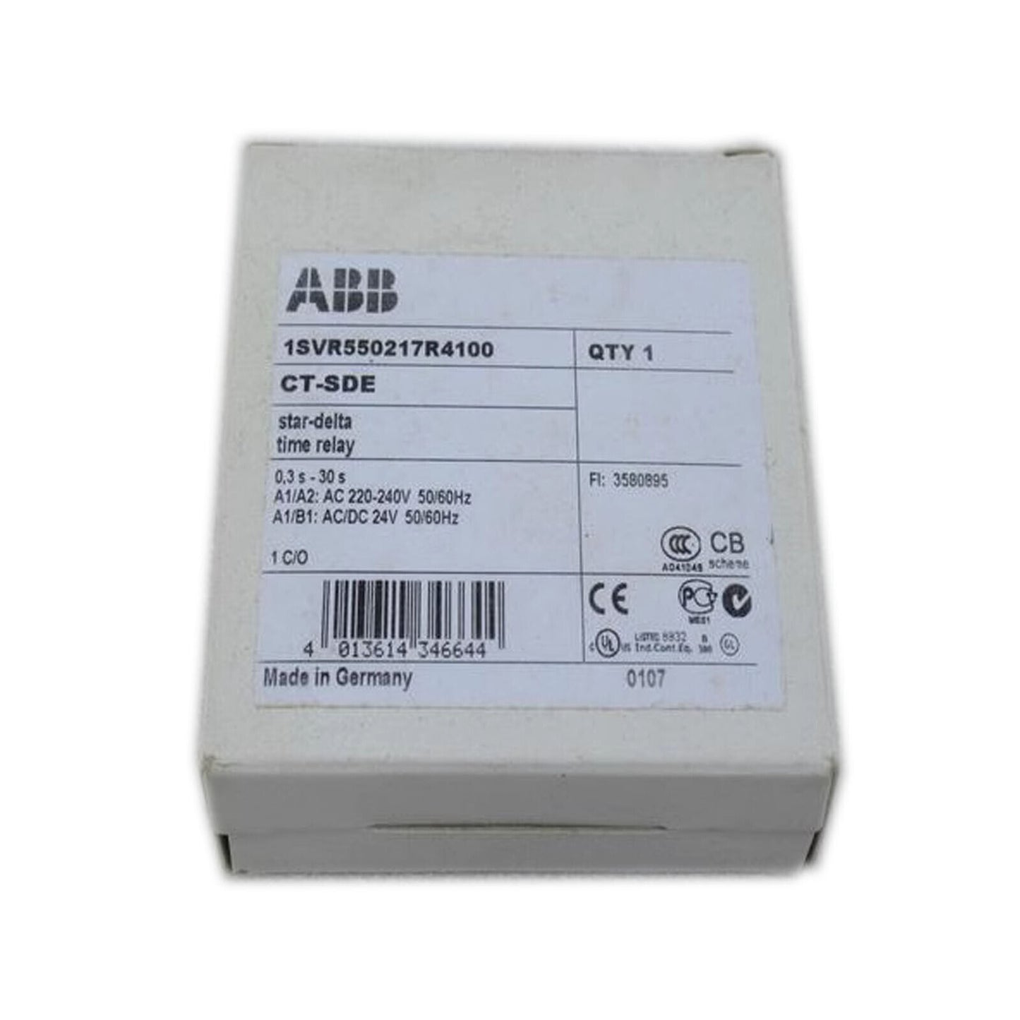 new 1PCS ABB CT-SDE Time Relay, Star-delta 1c/o, 0.3-30s, 24VAC/DC 220-240VAC