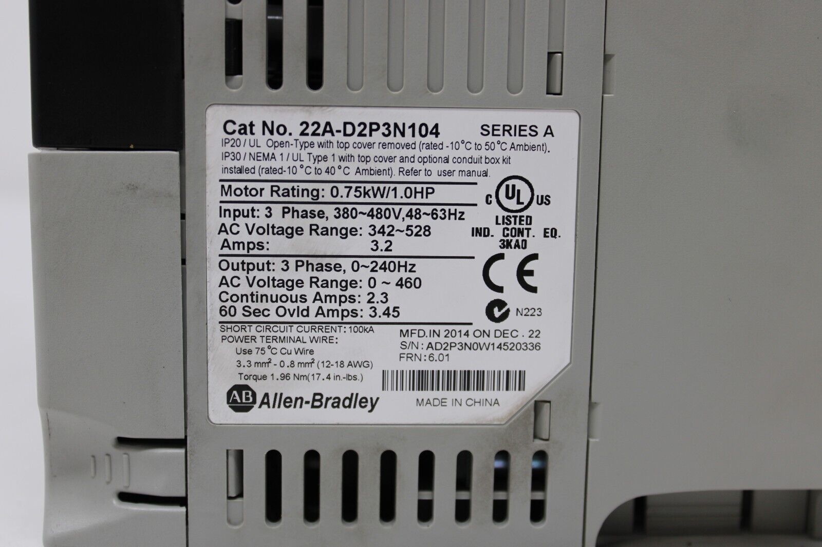used Allen Bradley 22A-D2P3N104 PowerFlex 4 - ALLEN BRADLEY