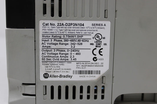 used Allen Bradley 22A-D2P3N104 PowerFlex 4 - ALLEN BRADLEY