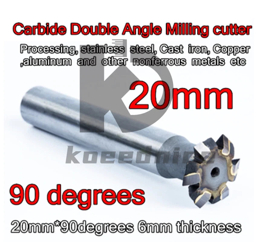 1pc thickness Carbide Double Angle Milling cutter 20mm*90 degrees 6mm