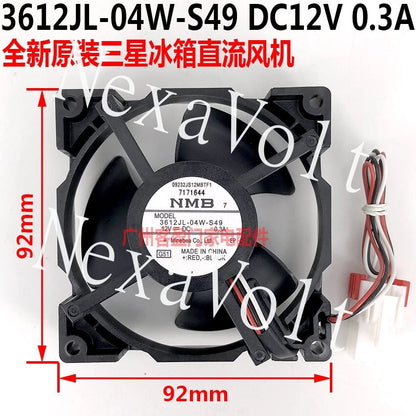 NMB-MAT 3612JL-04W-S49 Fan 12V 0.3A 9.2cm Cooling Fan for Samsung Refrigerator