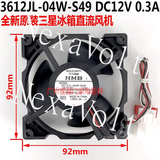 NMB-MAT 3612JL-04W-S49 Fan 12V 0.3A 9.2cm Cooling Fan for Samsung Refrigerator