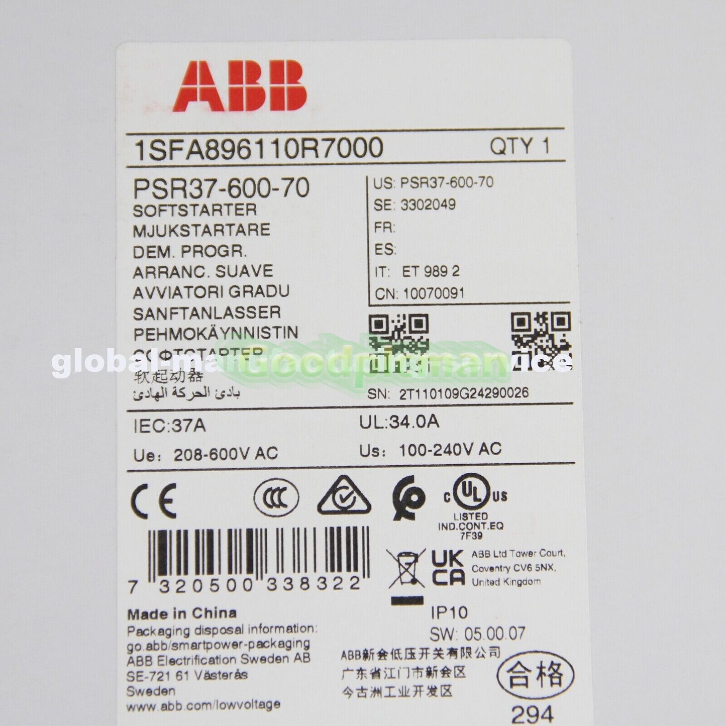 ABB PSR37-600-70 1SFA896110R7000 Soft Starter 37A 18.5kw