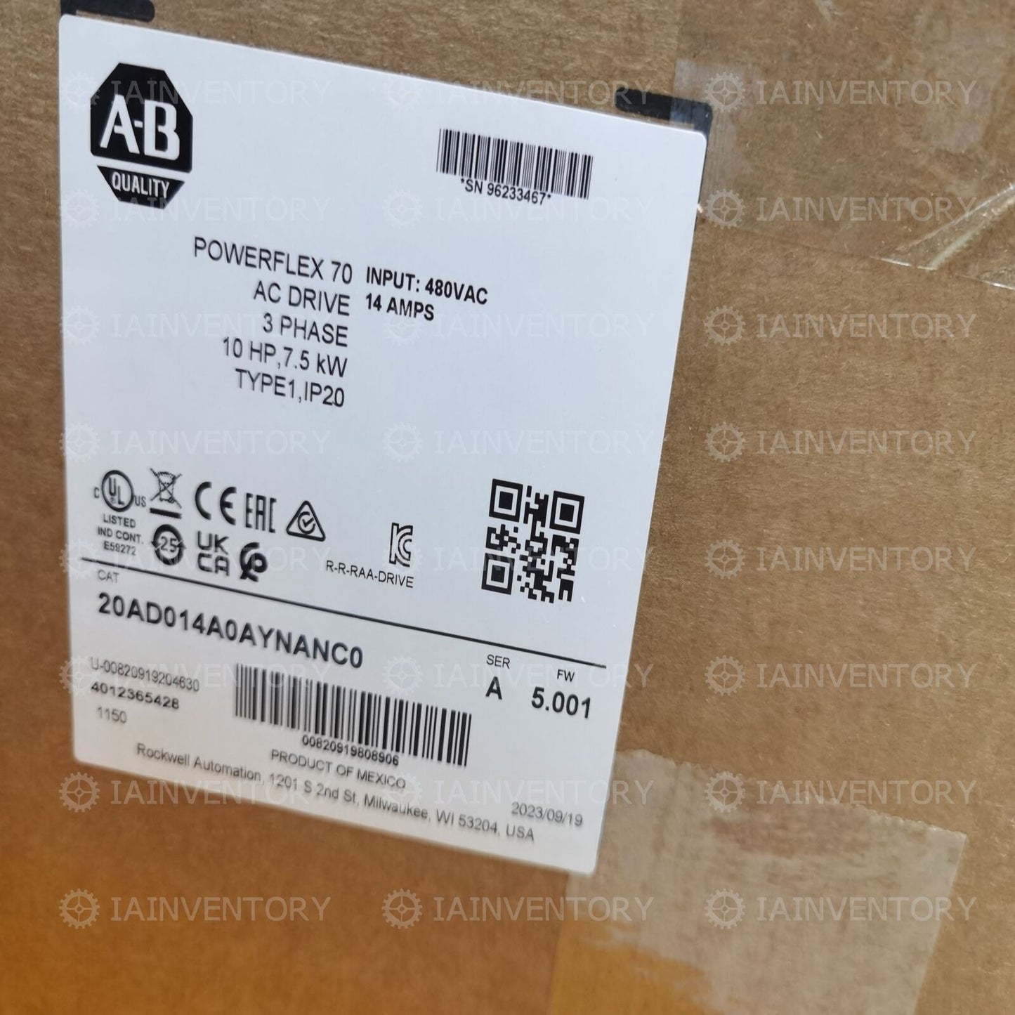 Sealed Allen-Bradley 20AD014A0AYNANC0 10 HP Motor - ALLEN-BRADLEY