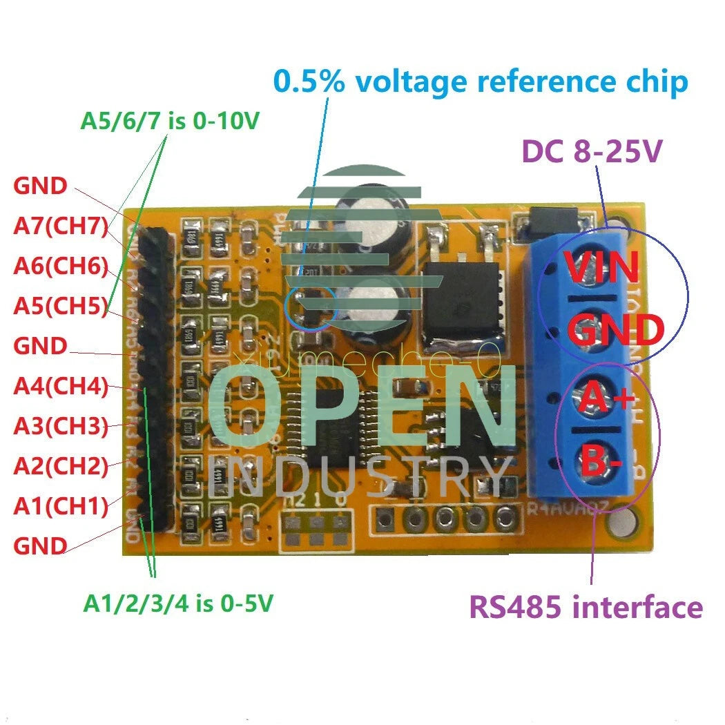 1PCS 5V 10V 7CH Analog Voltage acquisition Sampler RS485 ModBus RTU Module