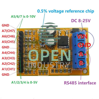 1PCS 5V 10V 7CH Analog Voltage acquisition Sampler RS485 ModBus RTU Module