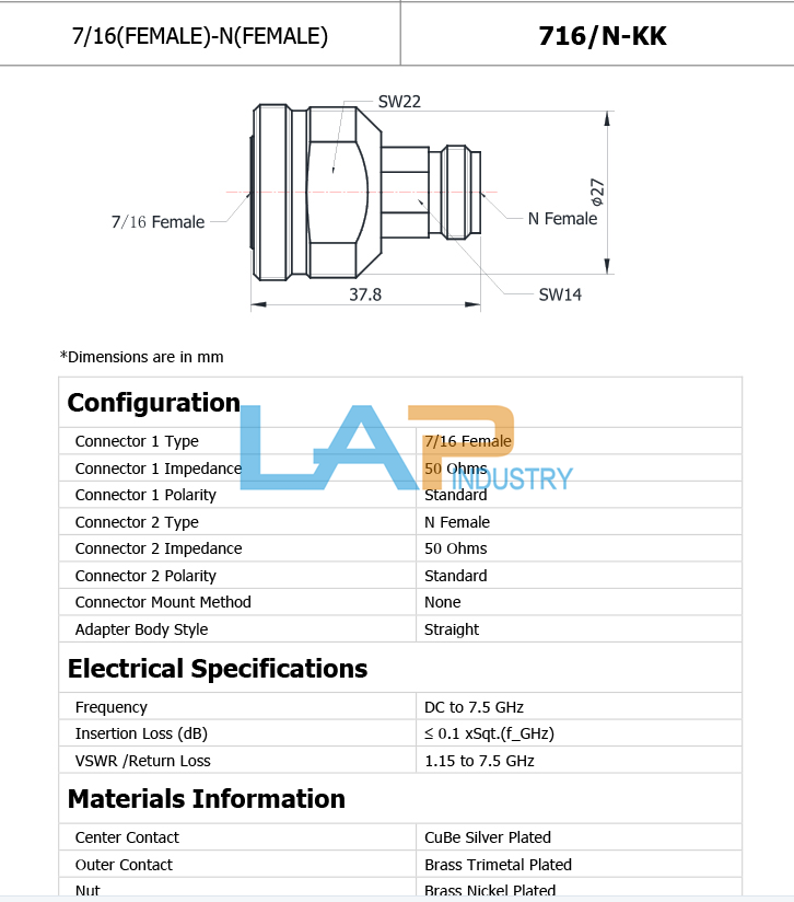 7/16-N Precision Adapter DC-7.5GHz for RF Applications - KOEED