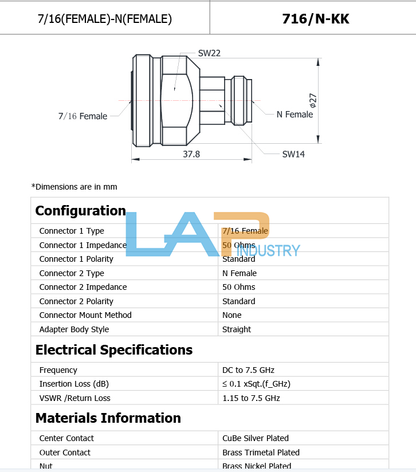 7/16-N Precision Adapter DC-7.5GHz for RF Applications - KOEED